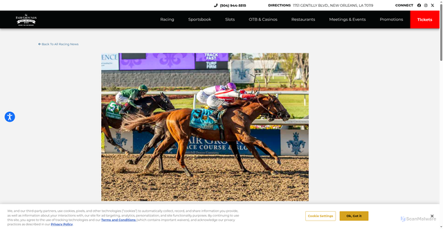 Security scan screenshot of https://www.fairgroundsracecourse.com/news/racing-news/emerging-market-edges-pavlovian-in-grade-2-louisiana-derby-secures-kentucky-derby-berth/