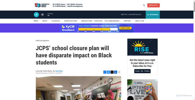 Security scan screenshot of https://www.lpm.org/investigate/2025-11-26/jcps-school-closure-plan-will-have-disparate-impact-on-black-students