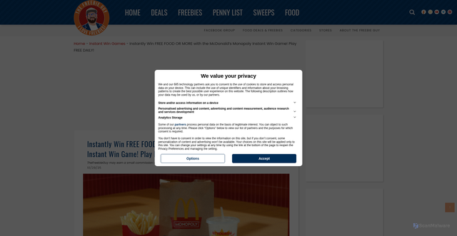 Security scan screenshot of https://thefreebieguy.com/monopoly-game-at-mcdonalds-instant-win/