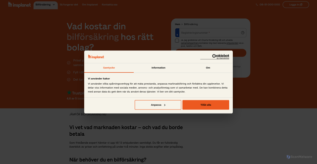 Security scan screenshot of https://www.insplanet.com/bilforsakring?apcid=0068ef97f0eff8c156d1d906&utm_campaign=EarlyWeekI_Insplanet&utm_content=widget&utm_medium=email&utm_source=ortto&utm_term=cal-n1-c1