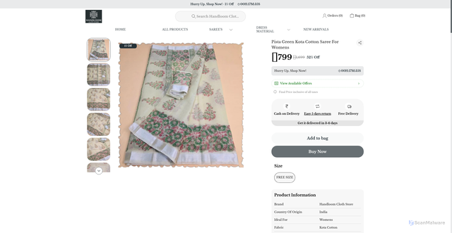 Security scan screenshot of https://handloomclothstore.com/Pista-Green-Kota-Cotton-Saree-For-Womens/catalogue/8QPfAT5X/N00U0ihi
