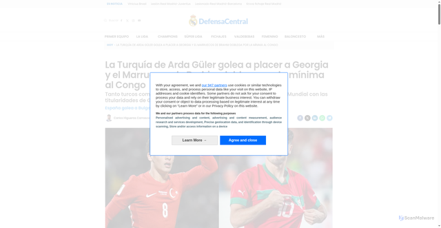 Security scan screenshot of https://defensacentral.com/real_madrid/turquia-arda-guler-golea-placer-georgia-marruecos-brahim-doblega-por-minima-congo_321965_102.html
