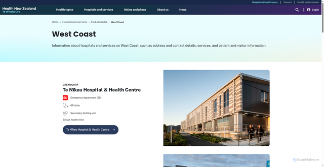 Security scan screenshot of https://www.healthnz.govt.nz/hospitals-services/hospitals/west-coast
