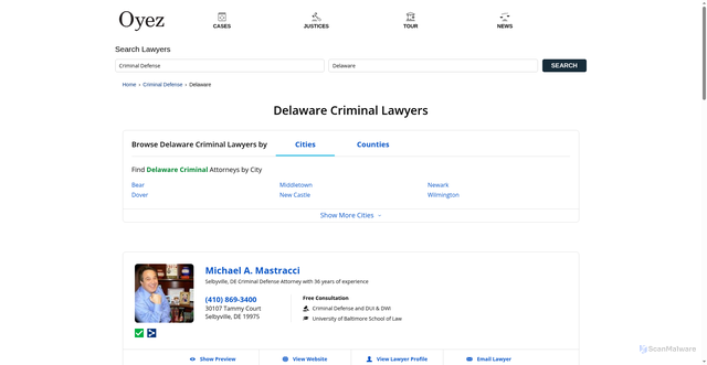 Security scan screenshot of https://lawyers.oyez.org/lawyers/criminal-law/delaware