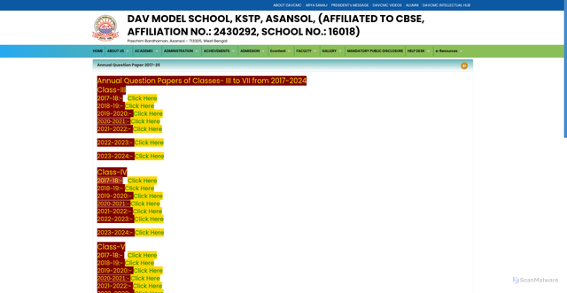 Security scan screenshot of https://davmodelasansol.com/AA98D1E3-BFAC-43D9-A82E-817B2A82065E/CMS/Page/Annual-Question-Paper-2017-25
