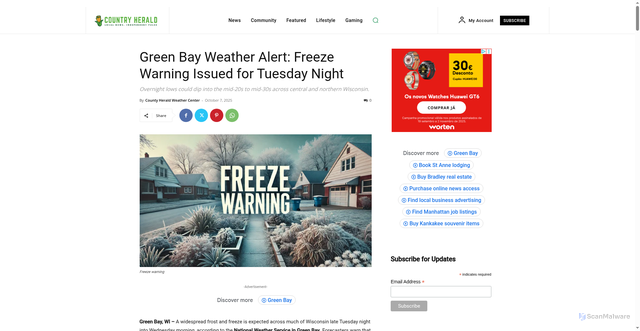 Security scan screenshot of https://countryherald.com/news/green-bay-weather-alert-freeze-warning-issued-for-tuesday-night/