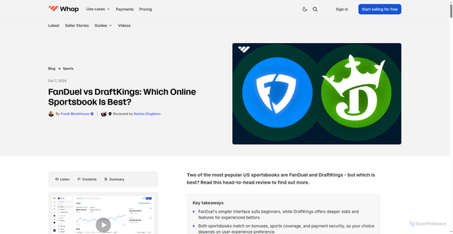 Security scan screenshot of https://whop.com/blog/fanduel-vs-draftkings/