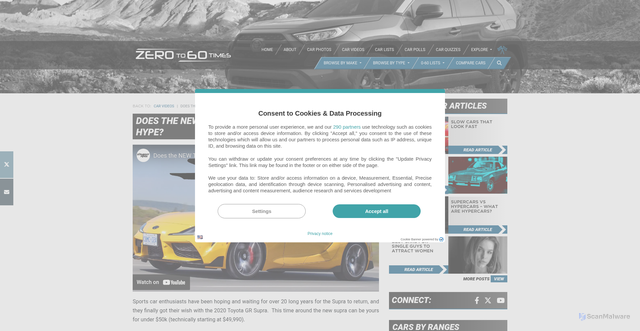 Security scan screenshot of https://www.zeroto60times.com/video/does-the-new-toyota-supra-live-up-to-all-the-hype/