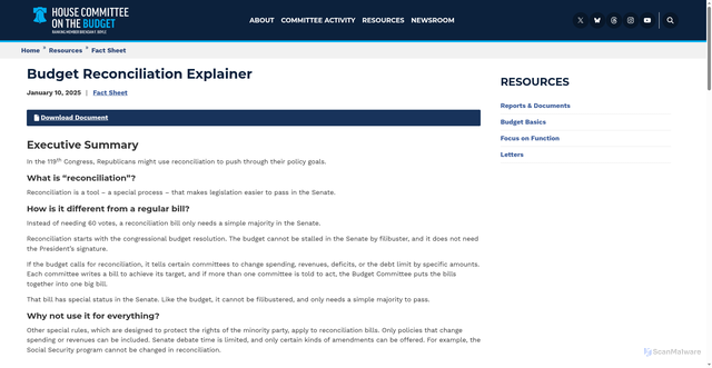 Security scan screenshot of http://democrats-budget.house.gov/resources/fact-sheet/budget-reconciliation-explainer