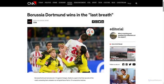 Security scan screenshot of https://www.cna.al/english/sport/borussia-dortmund-fiton-ne-frymen-e-fundit-i443933