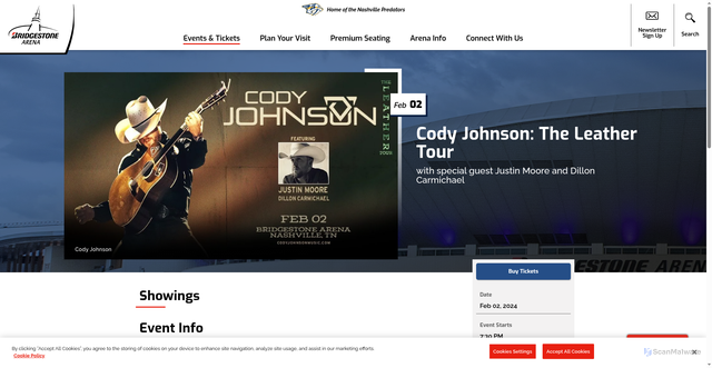 Security scan screenshot of https://www.bridgestonearena.com/events/detail/cody-johnson