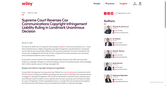 Security scan screenshot of https://www.wiley.law/alert-Supreme-Court-Reverses-Cox-Communications-Copyright-Infringement-Liability-Ruling-in-Landmark-Unanimous-Decision
