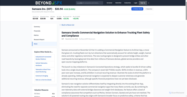 Security scan screenshot of https://www.beyondspx.com/quote/IOT/news/samsara-unveils-commercial-navigation-solution-to-enhance-trucking-fleet-safety-and-compliance