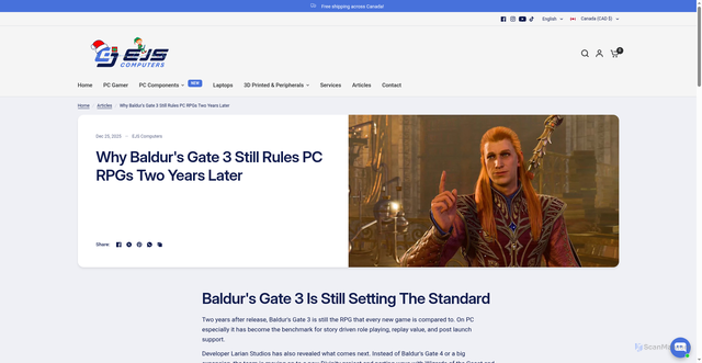 Security scan screenshot of https://ejscomputers.com/blogs/news/why-baldurs-gate-3-still-rules-pc-rpgs-two-years-later?srsltid=AfmBOooPwuvOWV3qkODEtCw2iLKYDwp3bq2rfibB_fvuvVqWbXRv0aZo