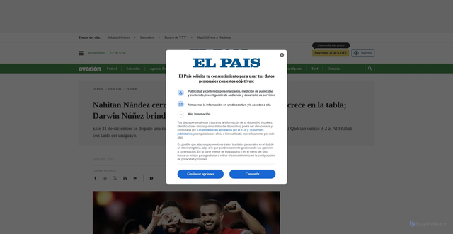 Security scan screenshot of https://www.elpais.com.uy/ovacion/futbol/nahitan-nandez-cerro-el-ano-con-un-golazo-y-su-equipo-crece-en-la-tabla-darwin-nunez-brindo-una-asistencia