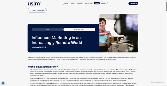 Security scan screenshot of https://theusim.com/news/what-is-influencer-marketing-and-how-does-it-work