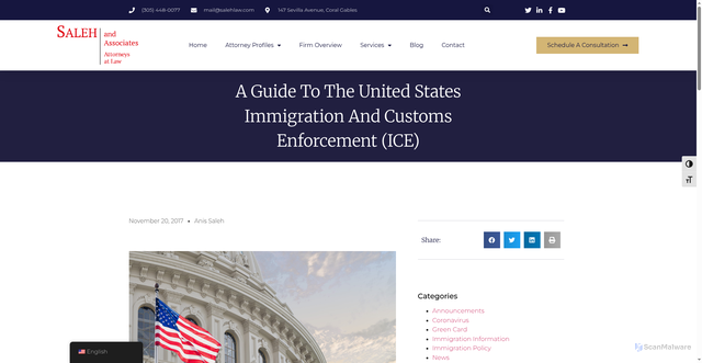Security scan screenshot of https://salehlaw.com/guide-united-states-immigration-customs-enforcement-ice/