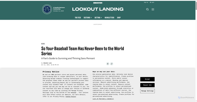 Security scan screenshot of https://www.lookoutlanding.com/2019/10/22/20916858/seattle-mariners-never-been-to-the-world-series