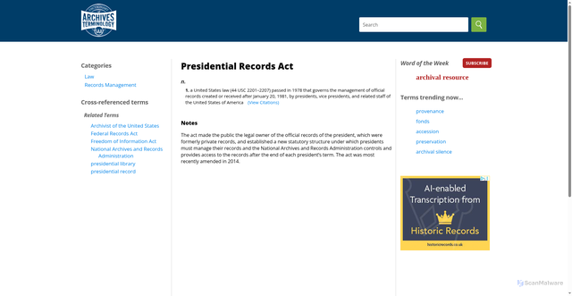 Security scan screenshot of https://dictionary.archivists.org/entry/presidential-records-act.html