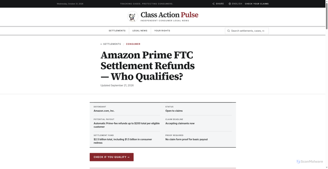 Security scan screenshot of https://www.classactionpulse.com/settlements/amazon-prime-ftc-settlement