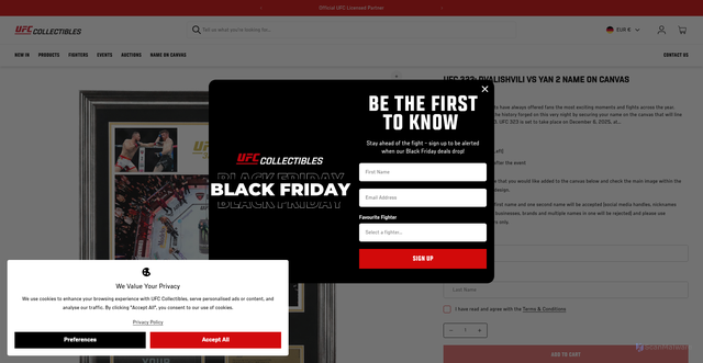 Security scan screenshot of https://ufccollectibles.com/products/ufc-323-dvalishvili-vs-yan-2-name-on-canvas?srsltid=AfmBOoq6N-Y_SF4nfJPMOqk4jpeHbXGT8tJ6fGGxRJO9NgcJ_CGw-A7O