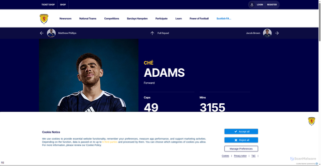 Security scan screenshot of https://www.scottishfa.co.uk/en/teams/mens-team/che-adams