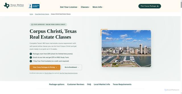 Security scan screenshot of https://texasonlinerealestateacademy.com/corpus-christi-texas-real-estate-license-classes/