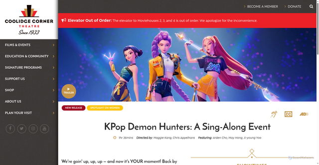 Security scan screenshot of https://coolidge.org/films/kpop-demon-hunters-sing-along-event