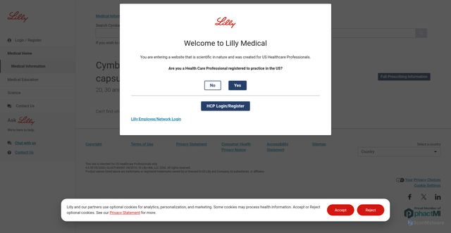 Security scan screenshot of https://medical.lilly.com/us/products/medical-information/neuroscience/cymbalta