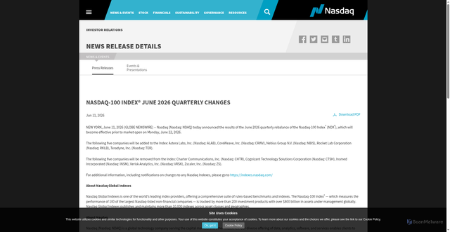 Security scan screenshot of https://ir.nasdaq.com/news-releases/news-release-details/nasdaq-100-indexr-june-2026-quarterly-changes