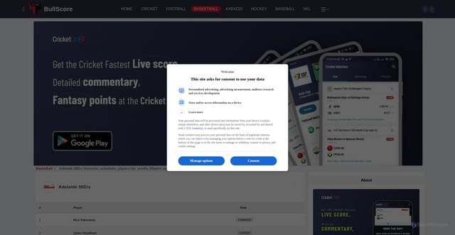Security scan screenshot of https://www.bullscore.com/basketball/teams/adelaide-36ers/WWWWzQ
