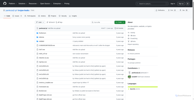 Security scan screenshot of https://github.com/pankoza2-pl/trojan-leaks