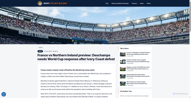Security scan screenshot of https://barrythebetbuilder.com/news/france-vs-northern-ireland-preview-deschamps-needs-world-cup-response-after-ivory-coast-defeat