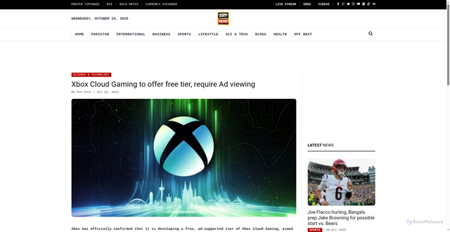 Security scan screenshot of https://arynews.tv/xbox-cloud-gaming-expands-with-ad-supported-option