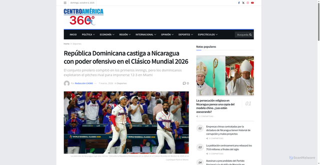 Security scan screenshot of https://www.centroamerica360.com/deportes/republica-dominicana-castiga-a-nicaragua-con-poder-ofensivo-en-el-clasico-mundial-2026/