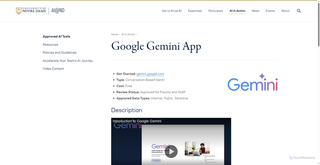 Security scan screenshot of https://ai.nd.edu/ai-in-action/approved-ai-tools/google-gemini-app/