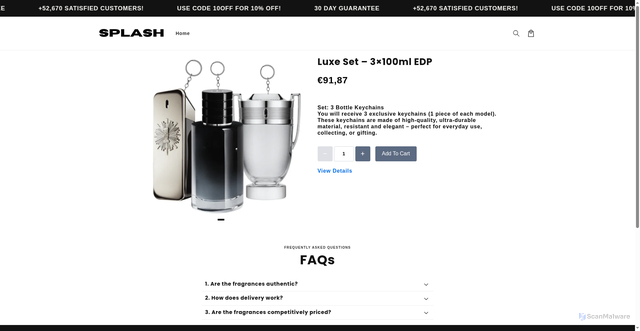 Security scan screenshot of https://splashoutlet.shop/products/luxe-set-3-100ml-edp