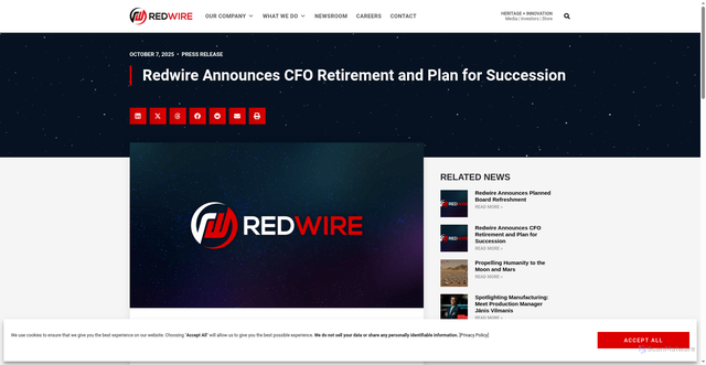 Security scan screenshot of https://redwirespace.com/newsroom/redwire-announces-cfo-retirement-and-plan-for-succession/