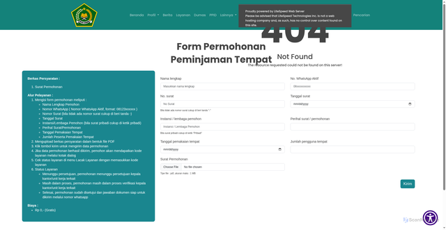 Security scan screenshot of https://kemenagprovkalbar.com/Sekjen/permohonan_peminjaman_tempat/