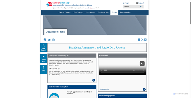 Security scan screenshot of https://www.careeronestop.org/Toolkit/Careers/Occupations/occupation-profile.aspx?keyword=Radio+and+Television+Announcers&location=UNITED+STATES&onetcode=27301100
