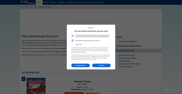 Security scan screenshot of https://www.popvortex.com/music/charts/top-100-songs.php