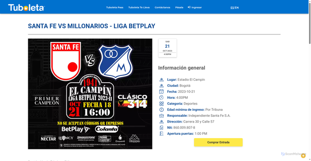 Security scan screenshot of https://web.tuboleta.com/eventos/detalle/santa-fe-vs-millonarios-2023-2/818602028511
