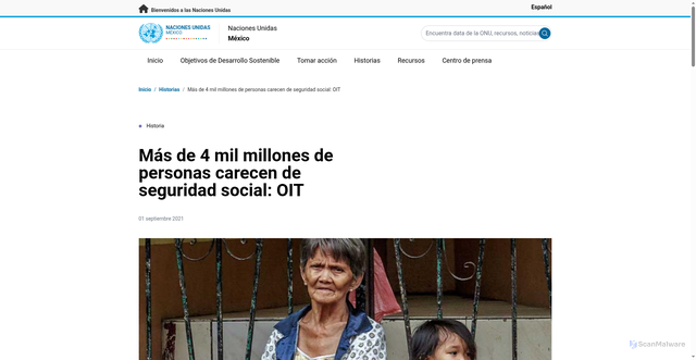 Security scan screenshot of https://mexico.un.org/es/155191-m%C3%A1s-de-4-mil-millones-de-personas-carecen-de-seguridad-social-oit