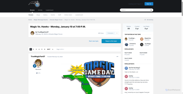 Security scan screenshot of http://forum.truebluenation.com/index.php?%2Ftopic%2F255229-magic-vs-hawks-monday-january-10-at-700-pm%2F=