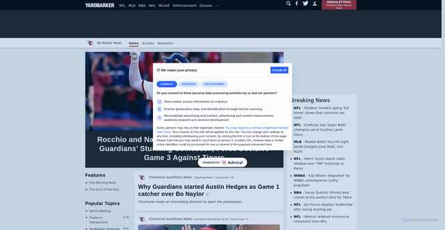 Security scan screenshot of https://www.yardbarker.com/mlb/players/bo_naylor/894071
