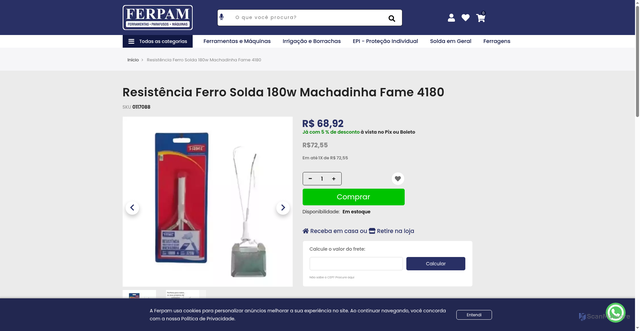 Security scan screenshot of https://www.ferpam.com.br/resistencia-ferro-solda-180w-machadinha-fame-4180.html?gad_source=1&gad_campaignid=23117438798&gbraid=0AAAAADPRjo_wCP3foqdQzGrT8-rzIUYT6&gclid=EAIaIQobChMI15eb9P_2kQMV1we8AR1BKRsyEAQYAiABEgLWAPD_BwE