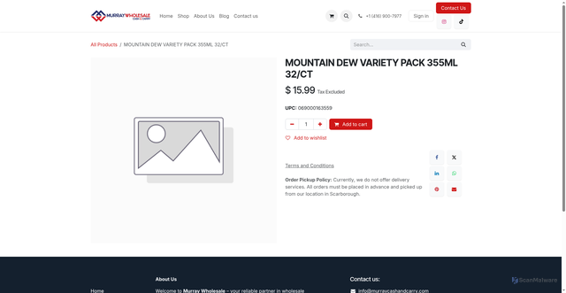 Security scan screenshot of https://www.murraycashandcarry.com/shop/mountain-dew-variety-pack-355ml-32-ct-47307?srsltid=AfmBOoo-QRR6qINvy3yhMp6FczhzK9OOtNwqgoXcrNF-DQMttJo4yirM