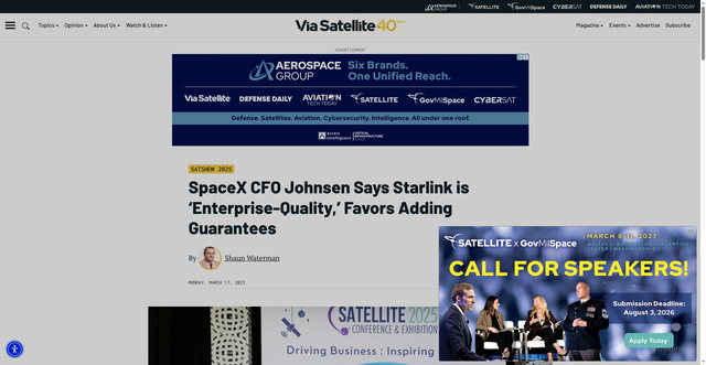 Security scan screenshot of https://www.satellitetoday.com/satshow-2025/2025/03/17/spacex-cfo-johnsen-says-starlink-is-enterprise-quality-favors-adding-guarantees/