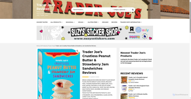Security scan screenshot of https://www.traderjoesreviews.com/product/trader-joes-crustless-peanut-butter-strawberry-jam-sandwiches-reviews/