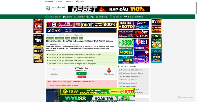 Security scan screenshot of https://bongdanet.co/nhan-dinh-bong-da/nhan-dinh-soi-keo-celta-vigo-vs-espanyol-0h30-ngay-1-12-am-anh-san-nha-tbd224358
